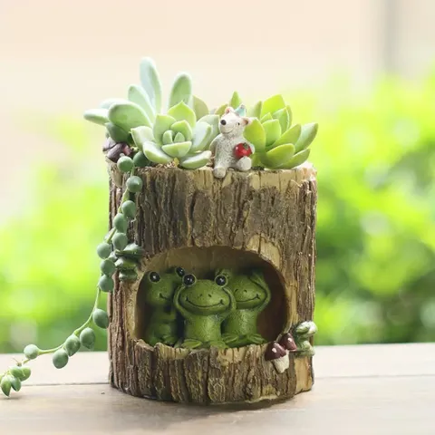 Chậu Gốc cây độc đáo phối chi tiết thú dễ thương,chất liệu Resin cao cấp thương hiệu Roogo deco,trồng cây,cắm nến…