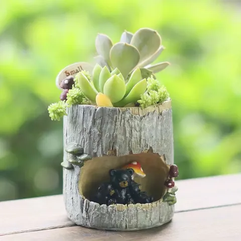 Chậu Gốc cây độc đáo phối chi tiết thú dễ thương,chất liệu Resin cao cấp thương hiệu Roogo deco,trồng cây,cắm nến…
