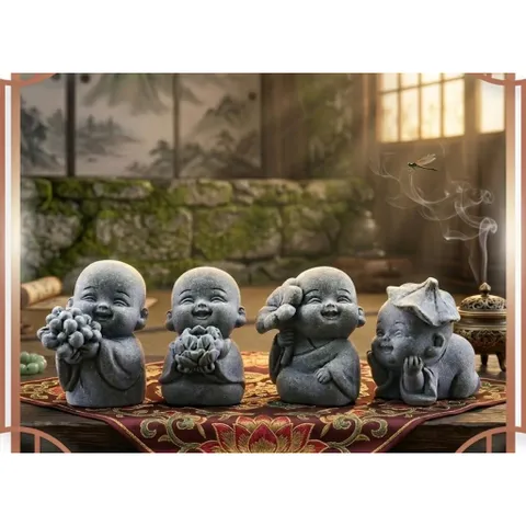Bộ tượng 4 tiểu hoà thượng cầm hoa bằng đá sa thạch sắc nét - trang trí bàn trà,góc thiền,terrarium,chậu cây,…