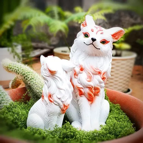 Cặp tượng hồ ly trắng bằng nhựa resin cao cấp trang trí chậu cây,tiểu cảnh,bàn học…kích thước 13*7,5cm và 8,5*5.5cm