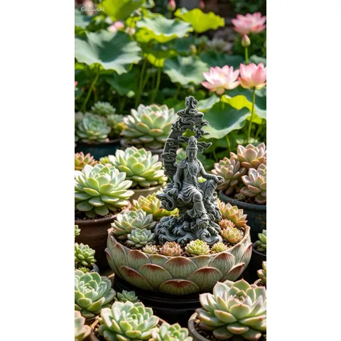 Tượng Thuỷ Nguyệt Quan Âm đá sa thạch kích thước 17,5*8,2 cm - Deco bàn trà,bể cá,chậu cây,terrrium…