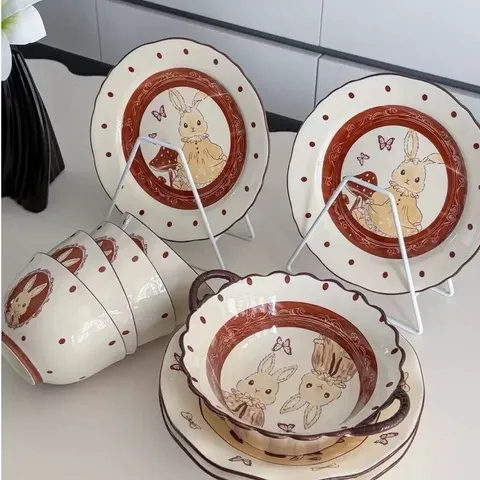 Sét 9 món bộ bát đĩa thỏ nâu vintage