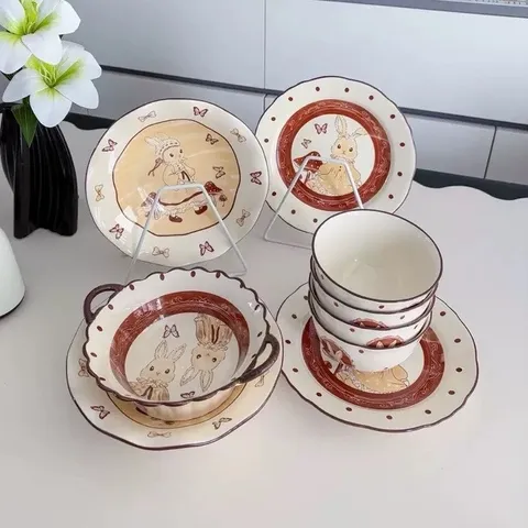 Sét 9 món bộ bát đĩa thỏ nâu vintage