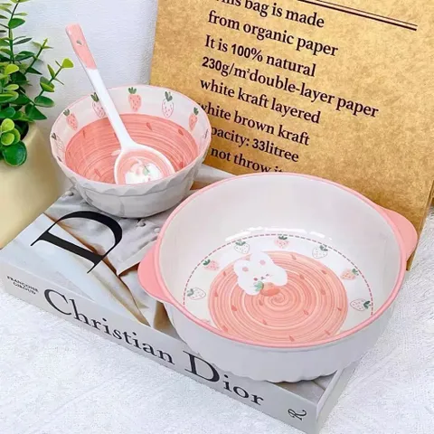 BỘ BÁT ĐĨA THỎ DÂU HỒNG DỄ THƯƠNG