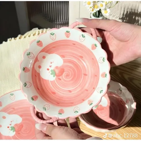 BỘ BÁT ĐĨA THỎ DÂU HỒNG DỄ THƯƠNG
