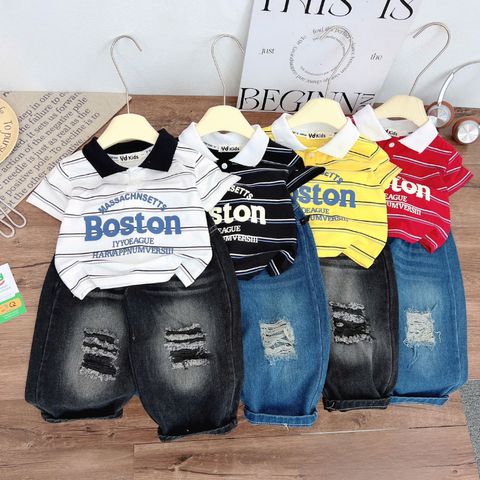 Bộ Quần Áo Bé Trai Áo Polo Boston Kẻ Sọc Phối Quần Jean Rách Cá Tính – Thời Trang Bé Trai Cao Cấp