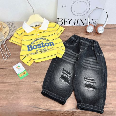 Bộ Quần Áo Bé Trai Áo Polo Boston Kẻ Sọc Phối Quần Jean Rách Cá Tính – Thời Trang Bé Trai Cao Cấp
