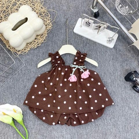 Bộ Đồ Bé Gái Chấm Bi Dễ Thương Áo Hai Dây Phối Quần Short Bồng – Set Mùa Hè Xinh Xắn Cho Bé
