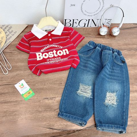 Bộ Quần Áo Bé Trai Áo Polo Boston Kẻ Sọc Phối Quần Jean Rách Cá Tính – Thời Trang Bé Trai Cao Cấp