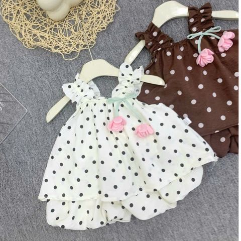 Bộ Đồ Bé Gái Chấm Bi Dễ Thương Áo Hai Dây Phối Quần Short Bồng – Set Mùa Hè Xinh Xắn Cho Bé