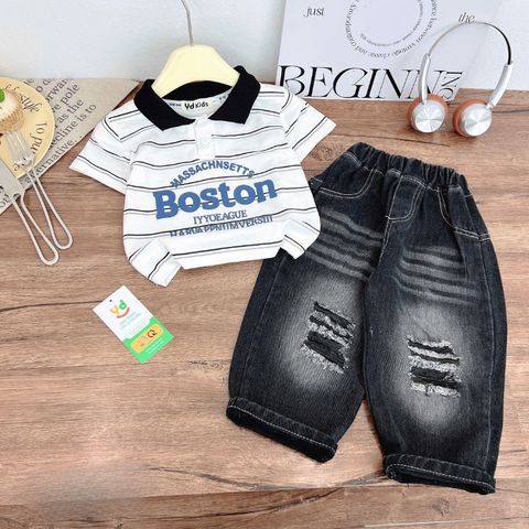 Bộ Quần Áo Bé Trai Áo Polo Boston Kẻ Sọc Phối Quần Jean Rách Cá Tính – Thời Trang Bé Trai Cao Cấp