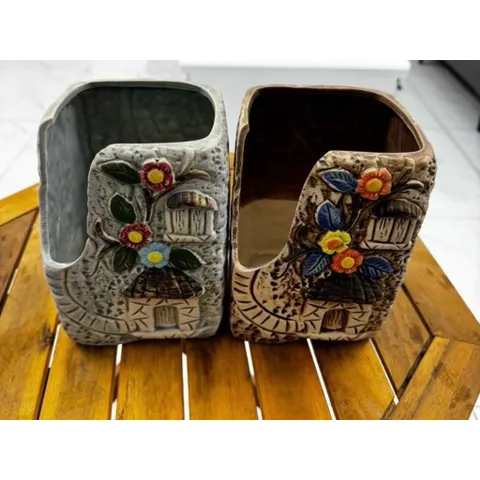 Chậu gốm trồng cây hoạ tiết hoa nổi xẻ chất lượng cao, kích thước 10*12*16 cm