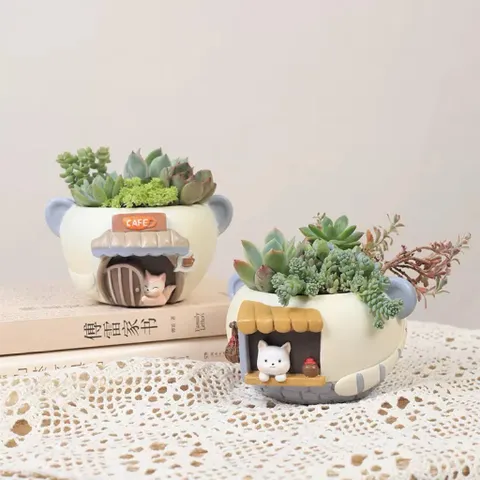 Chậu deco mèo và cáo dễ thương chất liệu Resin cao cấp- trồng sen đá,xương rồng,làm hộp bút,deco phòng,làm quà tặng…