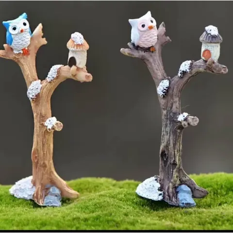 Mô hình cú mèo và nhà nhấm trên thân cây - decor tiểu cảnh siêu xinh