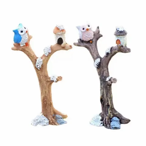 Mô hình cú mèo và nhà nhấm trên thân cây - decor tiểu cảnh siêu xinh