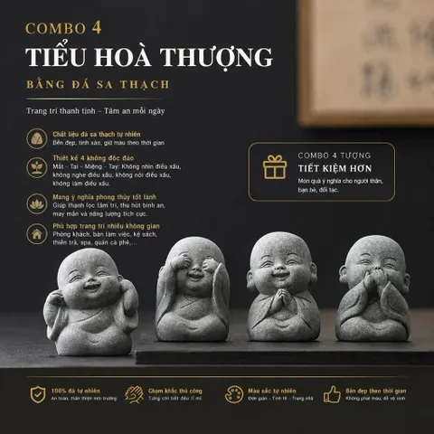 Bộ 4 tiểu hoà thượng tứ không bằng đá sa thạch tinh sảo - trang trí bàn trà,góc thiền,terrarium,bể cá…