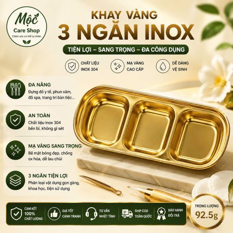 Khay vàng chia 3 ngăn cho spa thẩm mỹ viện đựng dụng cụ y tế, khay đựng đồ phun xăm