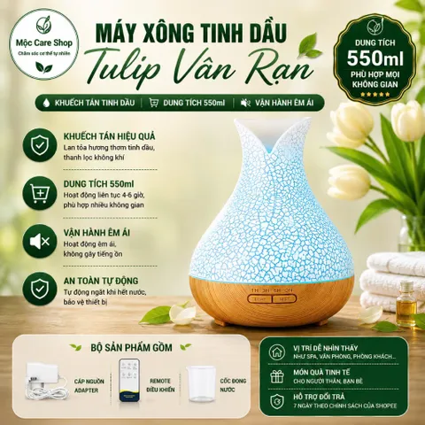 Máy Xông Tinh Dầu Hình Hoa Tulip Vân Rạn Dung Tích Lớn 550ml Kèm Remote Điều Khiển Hàng Cao Cấp