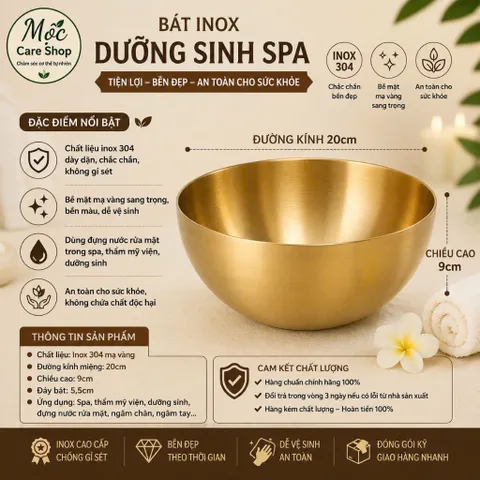Bát Inox Mạ Vàng 20cm, Đựng nước Rửa Mặt, Dùng Trong Spa Thẩm Mỹ.