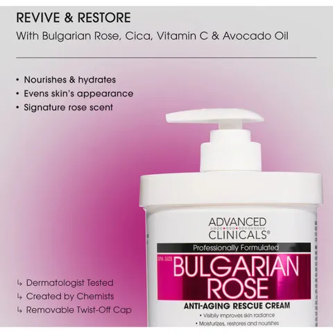 [MỸ] Kem Dưỡng Thể Bulgarian Rose Advanced Clinicals 454g Làm tươi mới làn da xỉn màu giúp làn da trông rạng rỡ.