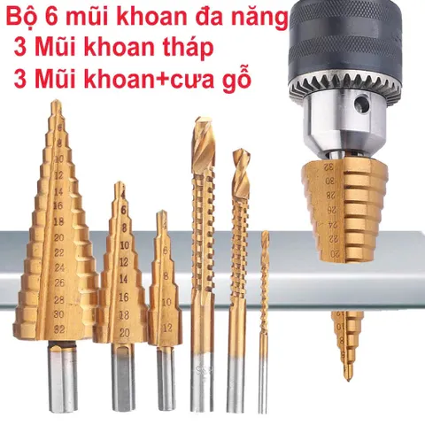 Bộ 6 mũi khoan tháp đa năng - Mũi khoan cưa đa năng thép gió HSS mạ Titan siêu bền