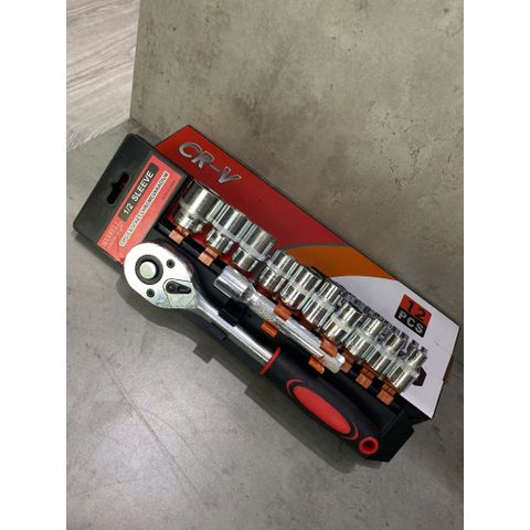 Tặng 1 tay L(250) khi mua  Bộ khẩu mở ốc bulong 12 chi tiết đầu 1/2 kích thước 8-24mm, Cần tự động 1/2 thép CR-V cao cấp