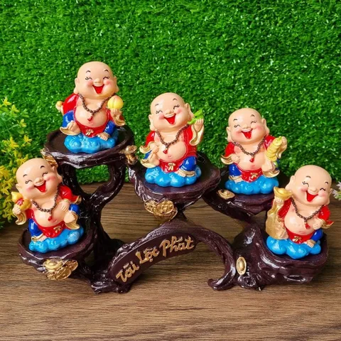 Bộ 05 tượng Di Lặc 7cm kèm chân đế Tài Lộc Phát
