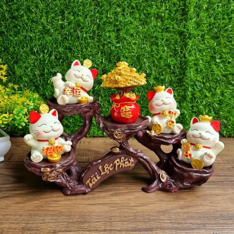 Bộ 04 chú Mèo Thần Tài kèm cây tiền và chân đế Tài Lộc Phát