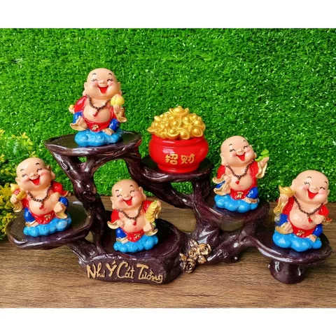 Bộ 05 tượng Di Lặc 7cm kèm chân đế Như Ý Cát Tường và chậu vàng Tài Lộc