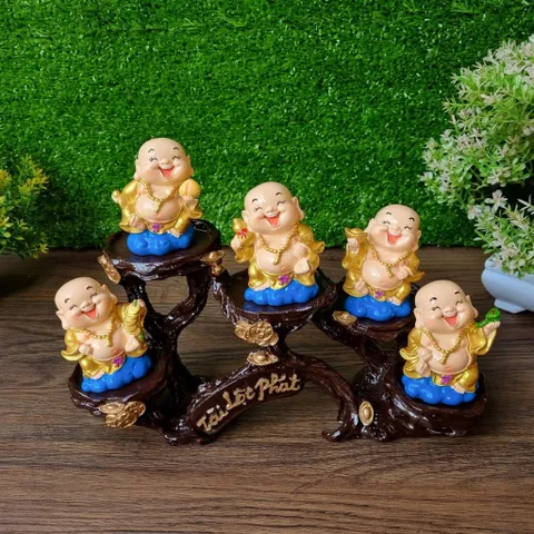 Bộ 05 tượng Di Lặc 7cm nhũ vàng kèm chân đế Tài Lộc Phát