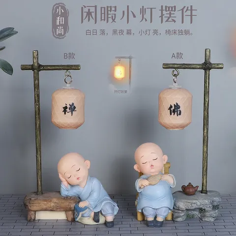 Tượng Chú Tiểu Thiền Ý Kèm Đèn Ngủ – Trang Trí Phòng Khách, Bàn Làm Việc, Phong Cách Trung Hoa