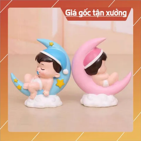 Phụ kiện bánh sinh nhật bánh kem - CẶP ĐÔI EM BÉ NẰM TRÊN TRĂNG trang trí bánh