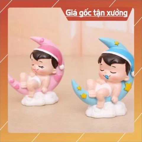 Phụ kiện bánh sinh nhật bánh kem - CẶP ĐÔI EM BÉ NẰM TRÊN TRĂNG trang trí bánh