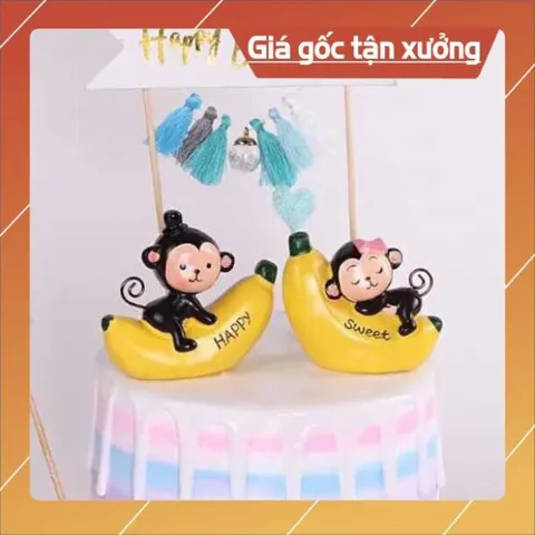 Trang trí bánh sinh nhật bánh kem cho bé - cặp đôi khỉ ôm chuối ( 2 con )