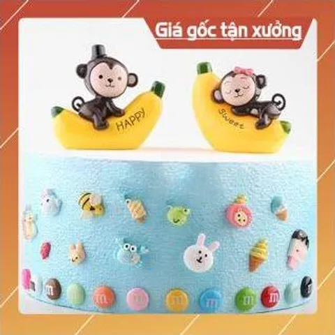 Trang trí bánh sinh nhật bánh kem cho bé - cặp đôi khỉ ôm chuối ( 2 con )