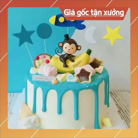 Trang trí bánh sinh nhật bánh kem cho bé - cặp đôi khỉ ôm chuối ( 2 con )