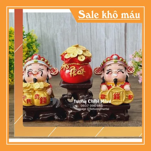 (06 mẫu) Bộ 02 tượng Thần Tài 7cm cao cấp kèm túi vàng và chân đế tam cấp vuông nhỏ