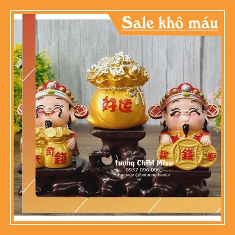 (06 mẫu) Bộ 02 tượng Thần Tài 7cm cao cấp kèm túi vàng và chân đế tam cấp vuông nhỏ