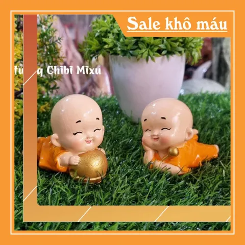 (Áo vàng / áo xanh) Bộ 02 chú tiểu nằm gõ mõ siêu xinh