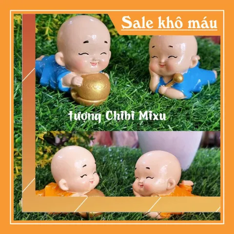 (Áo vàng / áo xanh) Bộ 02 chú tiểu nằm gõ mõ siêu xinh
