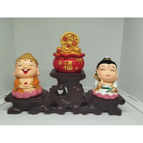 Bộ tượng phật tổ, bồ tát, chậu xu vàng kèm đế tam cấp