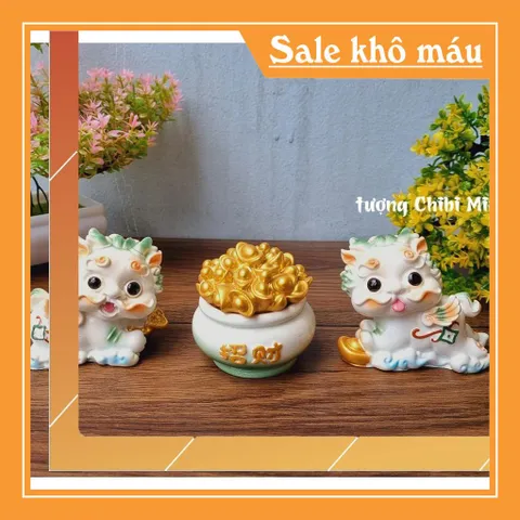 Cặp Kỳ Lân lớn kèm chậu vàng may mắn - màu trắng