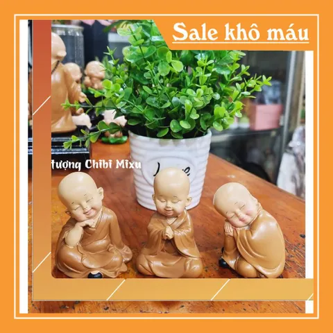 Bộ 03 chú tiểu an nhiên size nhí 7cm - mẫu áo nâu ngồi an nhiên tự tại