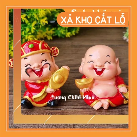 Bộ đôi tượng Thần Tài - Thổ Địa cầm thòi vàng 6cm