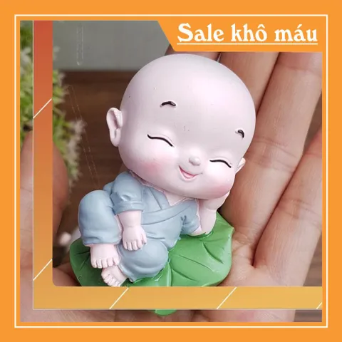 Bộ 04 chú tiểu áo lam ngồi lá sen kèm chậu cây trang trí
