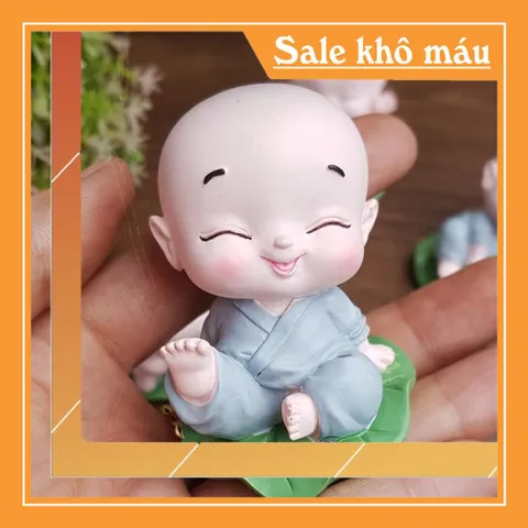Bộ 04 chú tiểu áo lam ngồi lá sen kèm chậu cây trang trí
