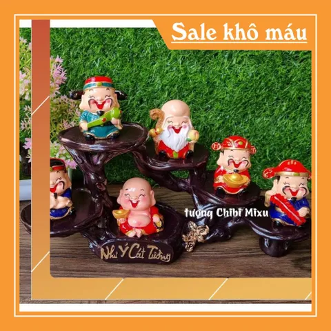 Bộ Ngũ Phúc 6cm kèm tượng Di Lặc và chân đế Như Ý Cát Tường