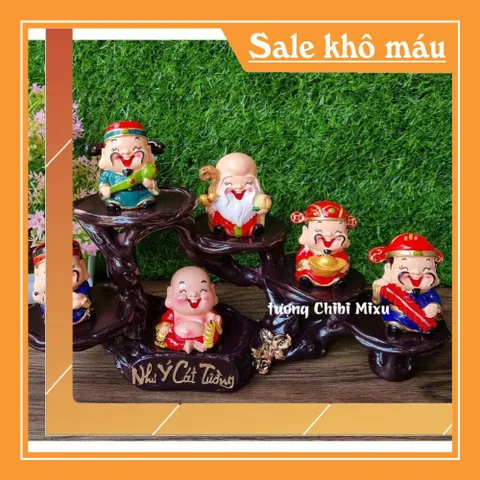 Bộ Ngũ Phúc 6cm kèm tượng Di Lặc và chân đế Như Ý Cát Tường