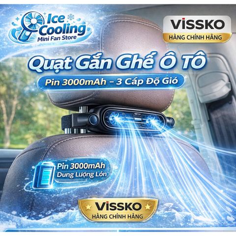 [Siêu sale]New 2026-Quạt gắn ghế ô tô Vissko 3000mAh – Quạt làm mát ghế sau xe hơi –3 cấp gió – Quạt mini turbo cho ô tô