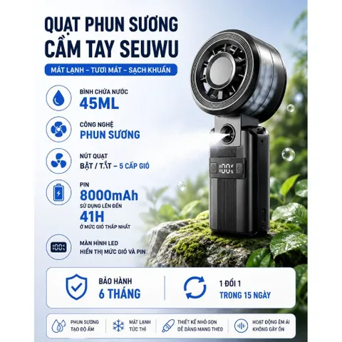 Quạt cầm tay Phun Sương SEUWU 8000mAh , 5 Chế Độ Gió, Bình Nước 45ml, Bảo Hành 6 Tháng